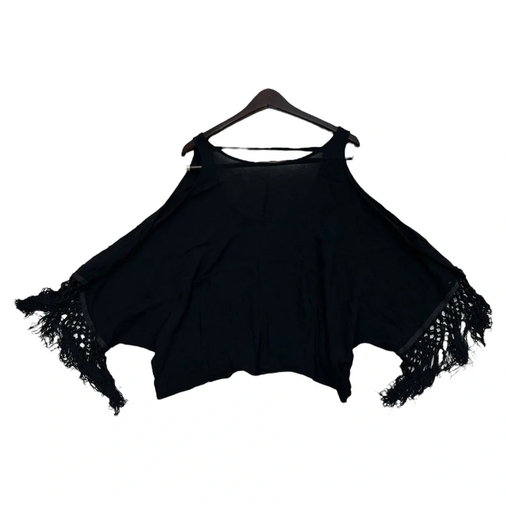 Anthropologie Monteau Los Angeles Black Boho Tassle Sleeve Blouse - Size Large - Picture 6 of 6